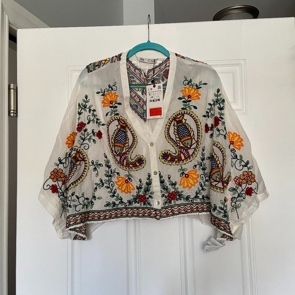 White Embroidered Crop Shirt Zara S